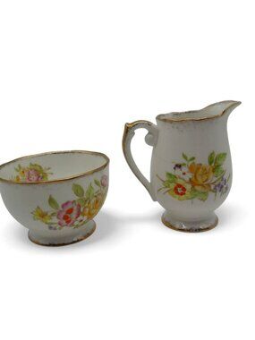 Roslyn Sunningdale Creamer & Sugar Bowl Floral Gold Trim Vintage